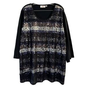 Quacker Factory Striped Lace Sequined 3/4 Sleeve Tunic Women’s Top Black Size 3X